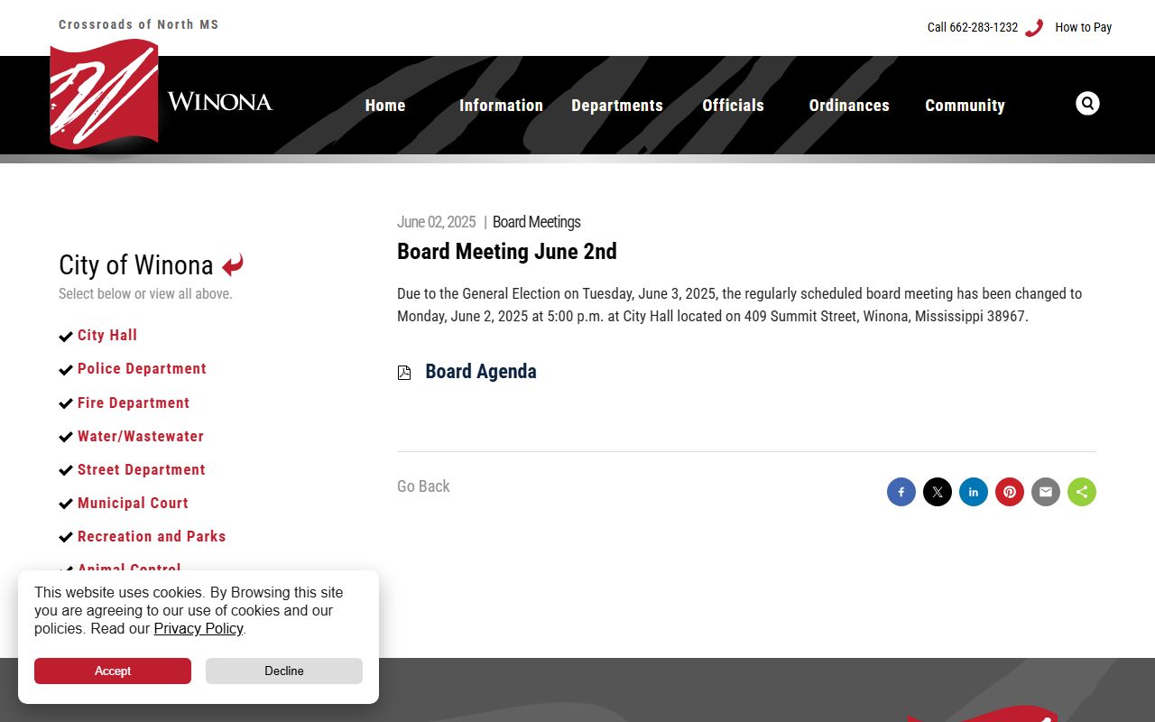 Official Winona board meeting notice for Montgomery County public records and city business
