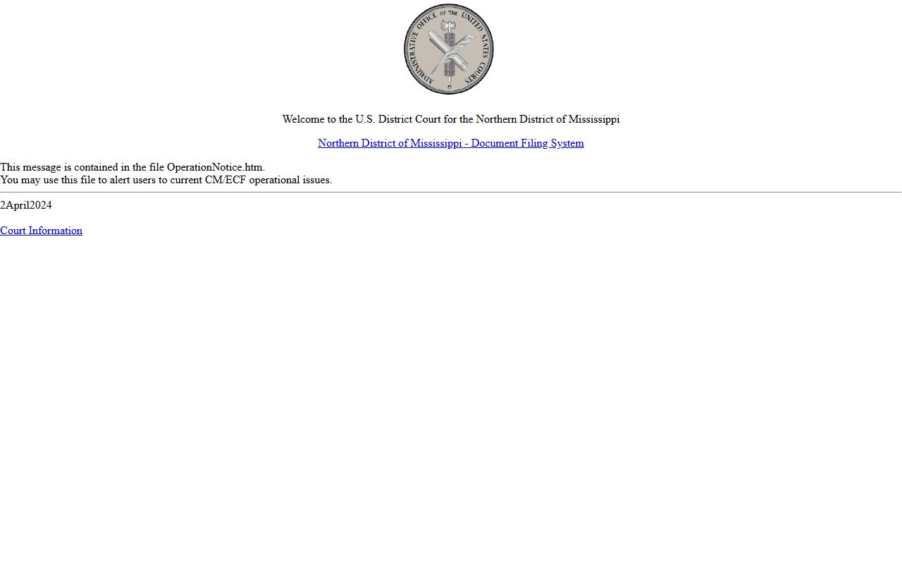 Northern District of Mississippi CM/ECF login for Montgomery County federal court dockets and records