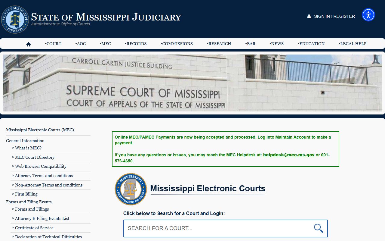 Mississippi Electronic Courts MEC and PAMEC e-filing access page for Montgomery County court records
