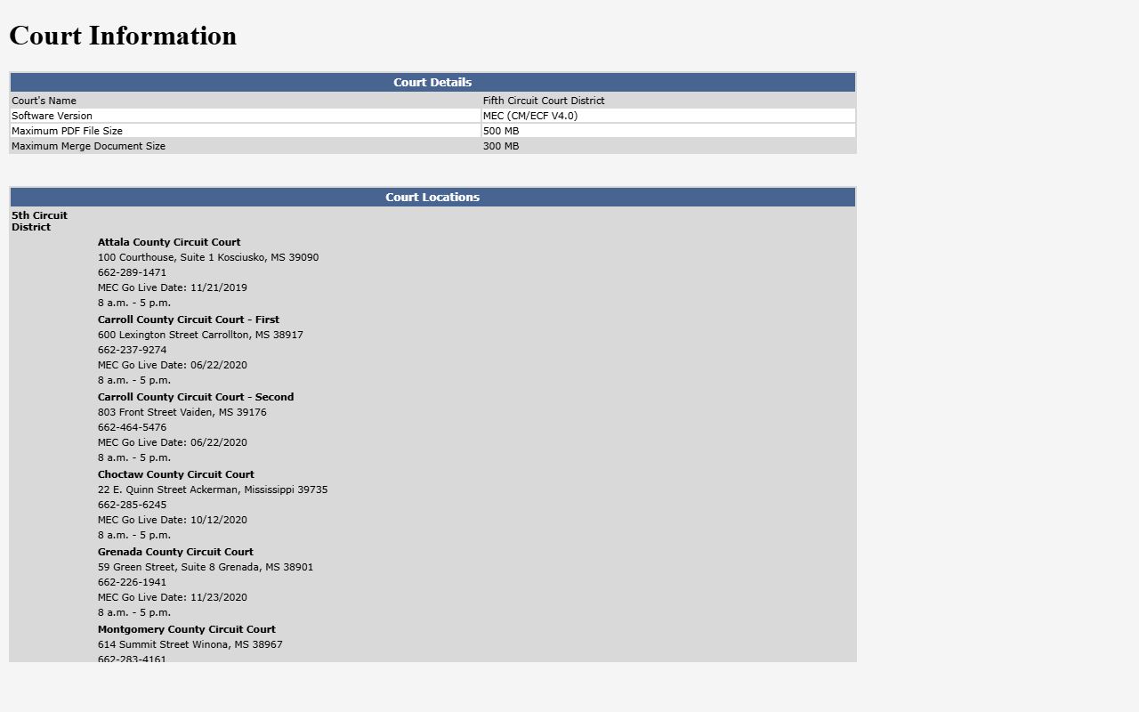 Mississippi Electronic Courts Fifth Circuit court information page covering Montgomery County court records
