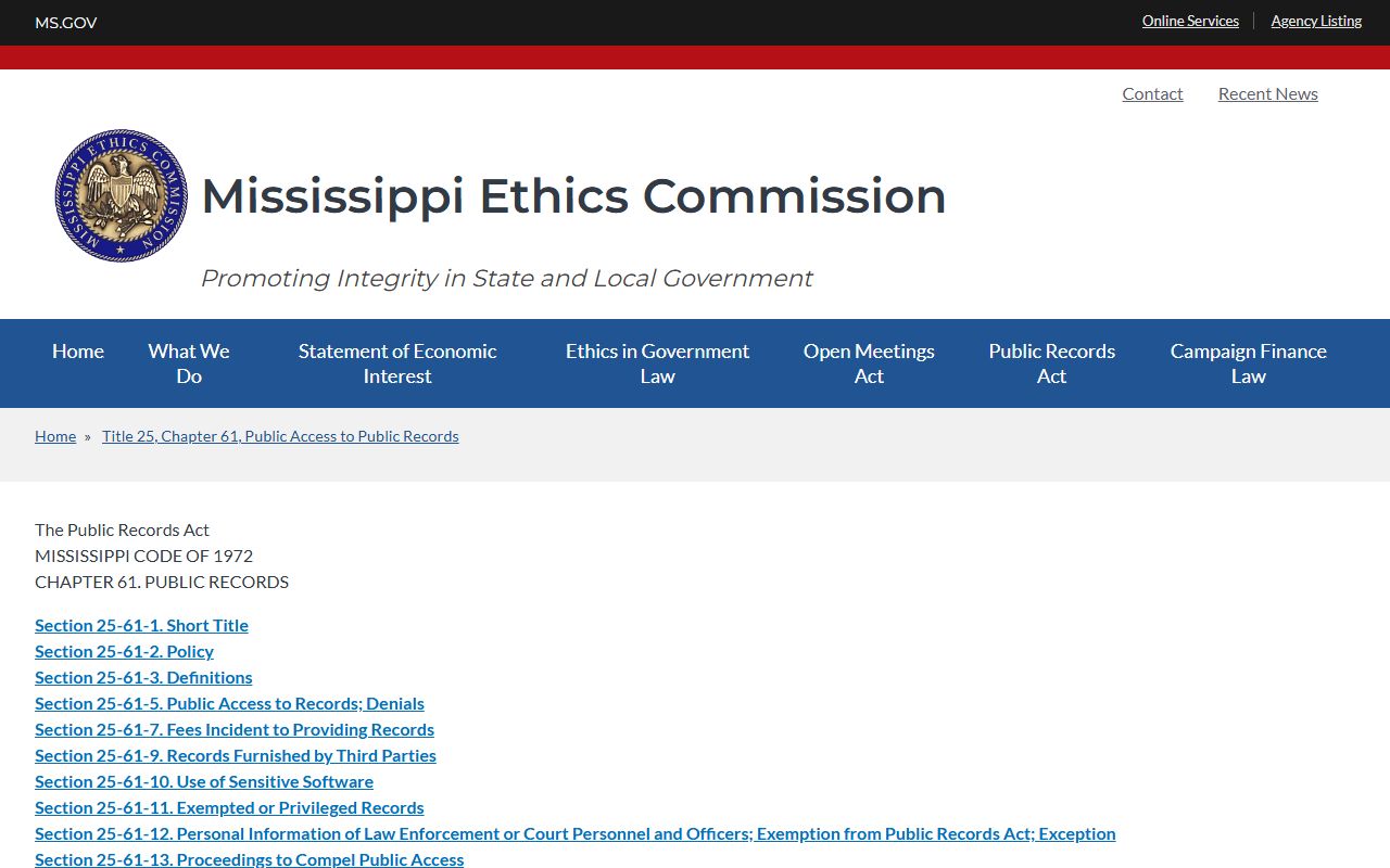 Mississippi Public Records Act statute page used for Montgomery County court records requests