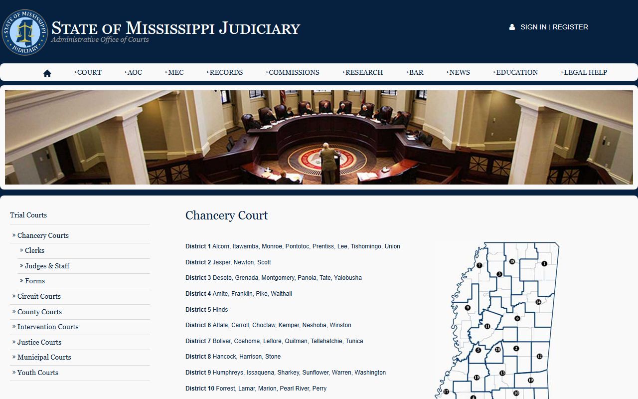 Mississippi Judiciary Chancery Court page explaining Montgomery County court records jurisdiction