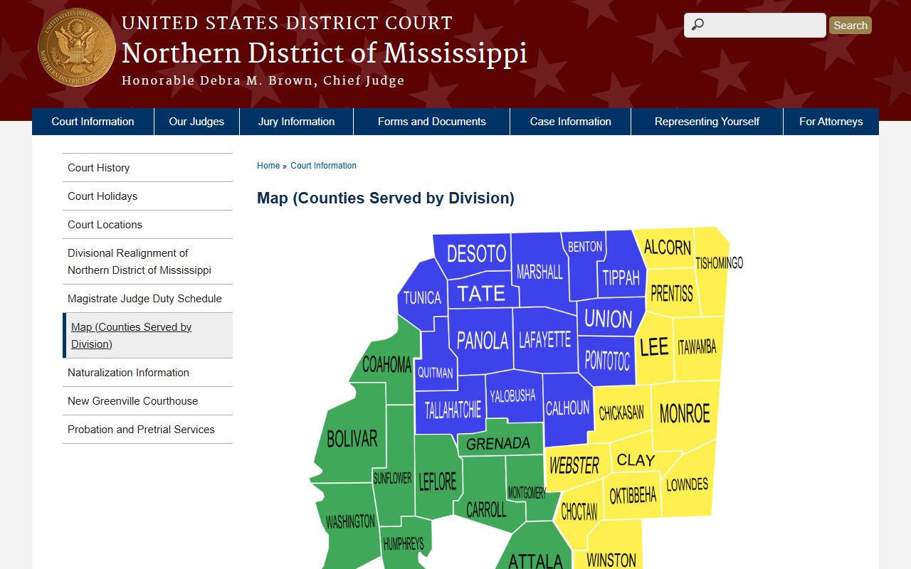Northern District of Mississippi map showing the federal court area for Montgomery County court records