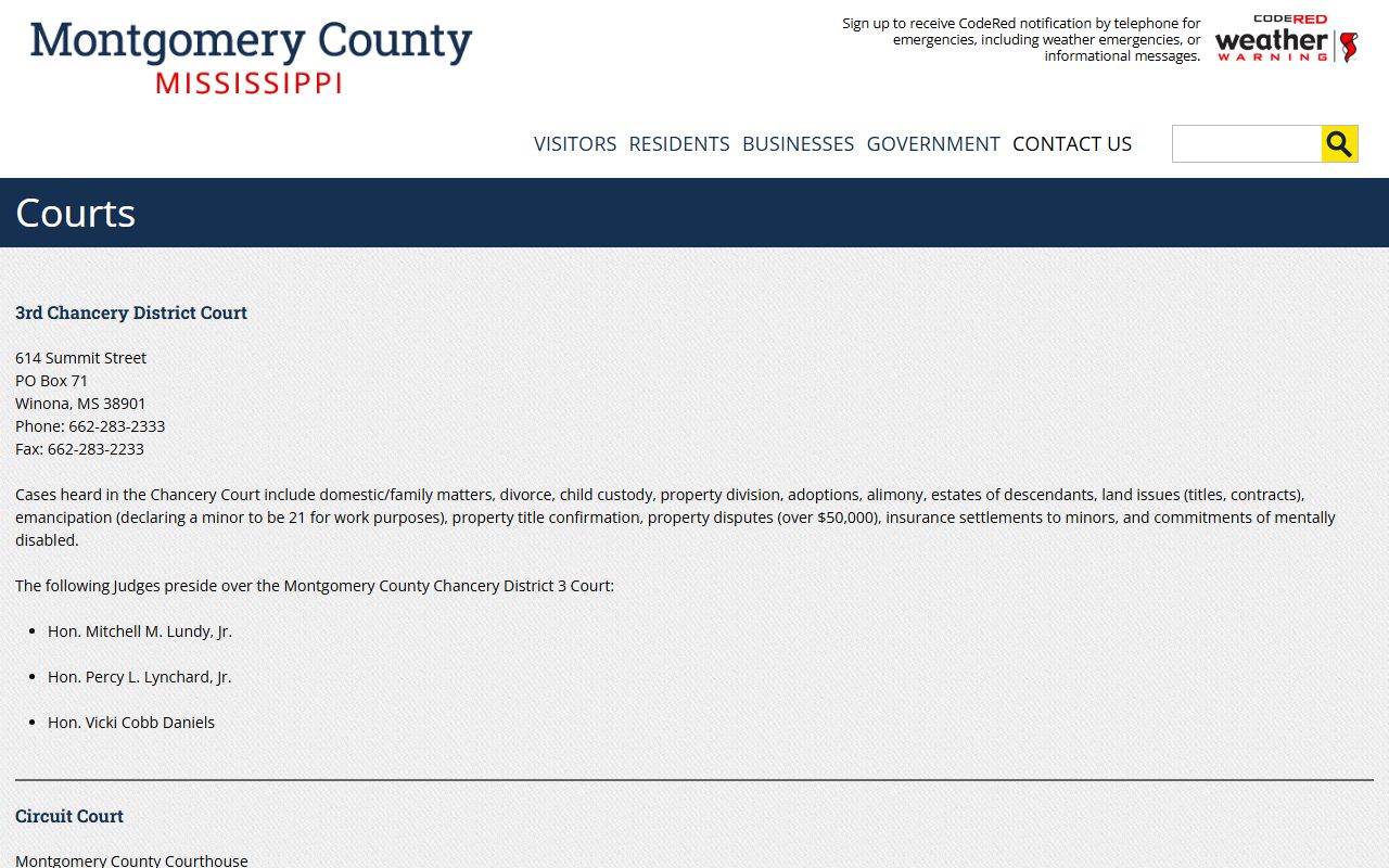 Montgomery County courts page showing Chancery, Circuit, and Justice court records contacts