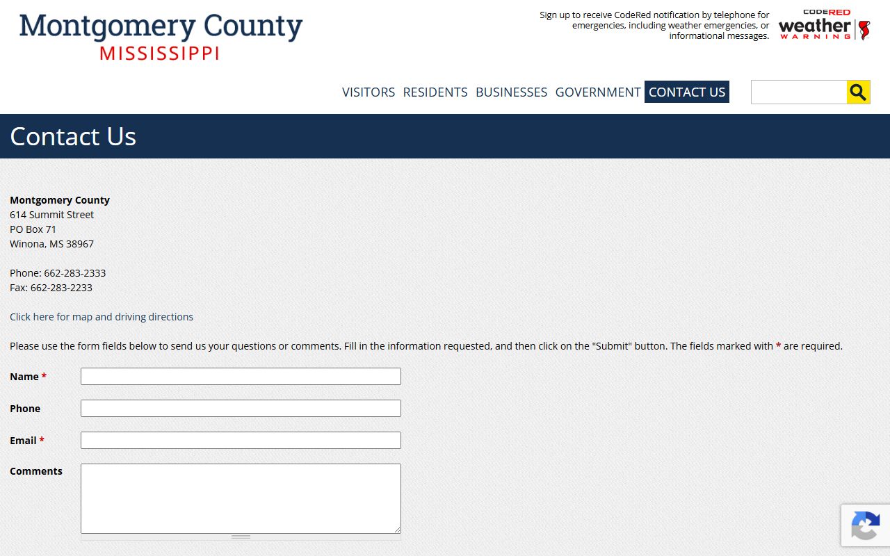 Montgomery County contact page with address, phone, and fax for court records requests