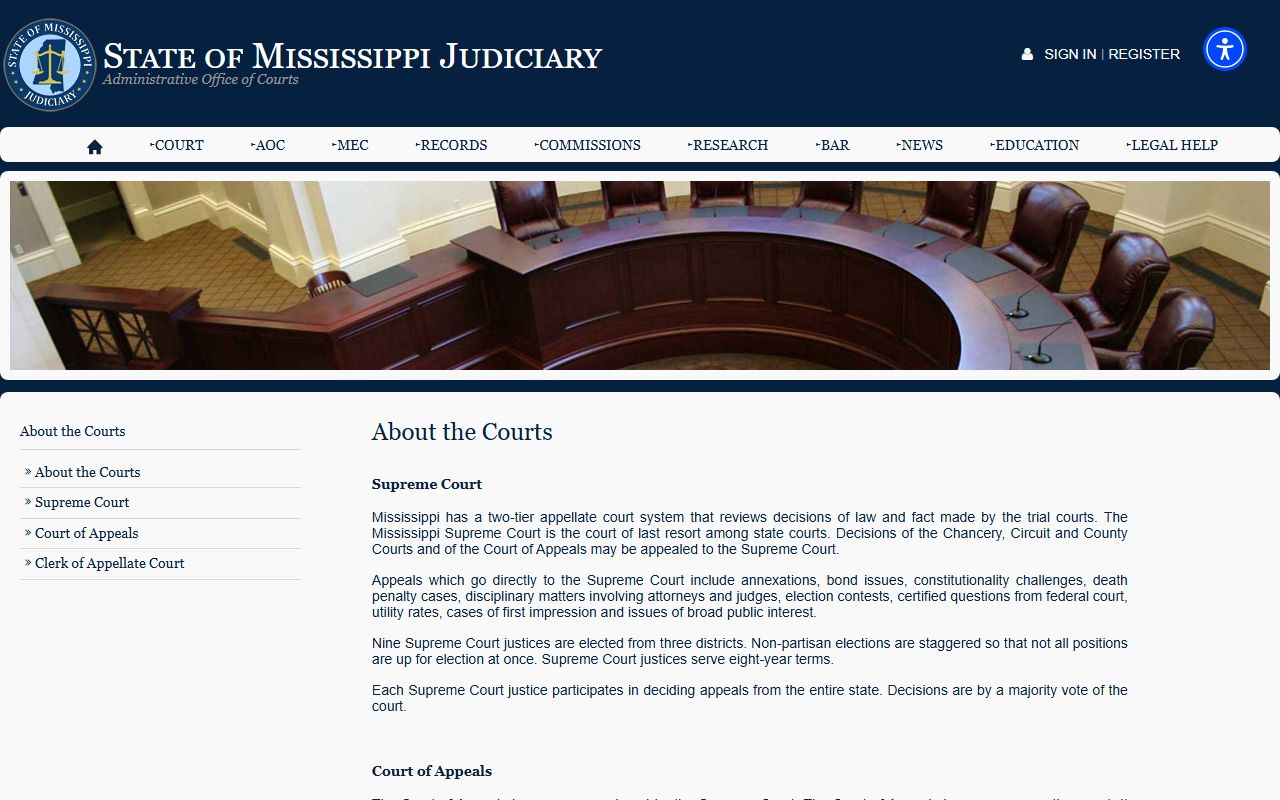 Mississippi Judiciary court structure page explaining Montgomery County court levels