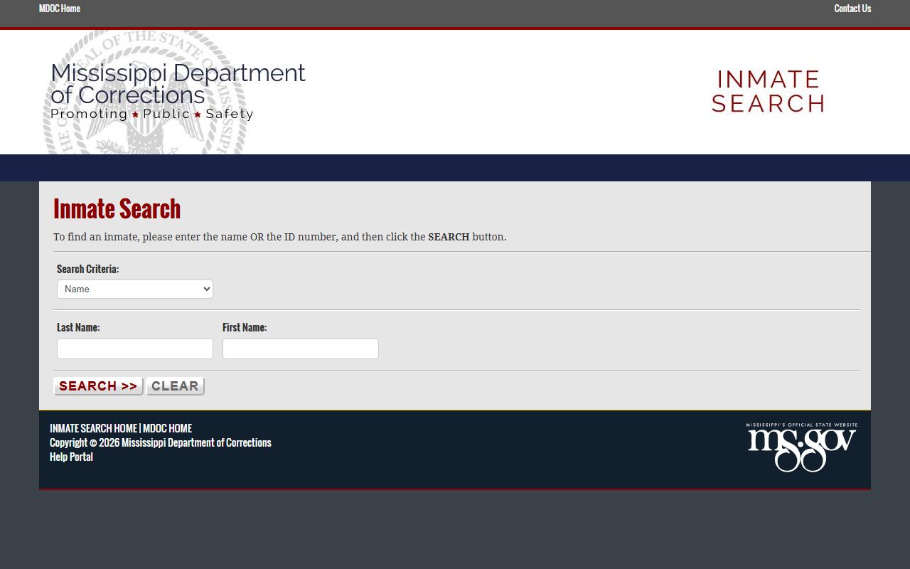 Montgomery County inmate records lookup on the MS.GOV state corrections search form