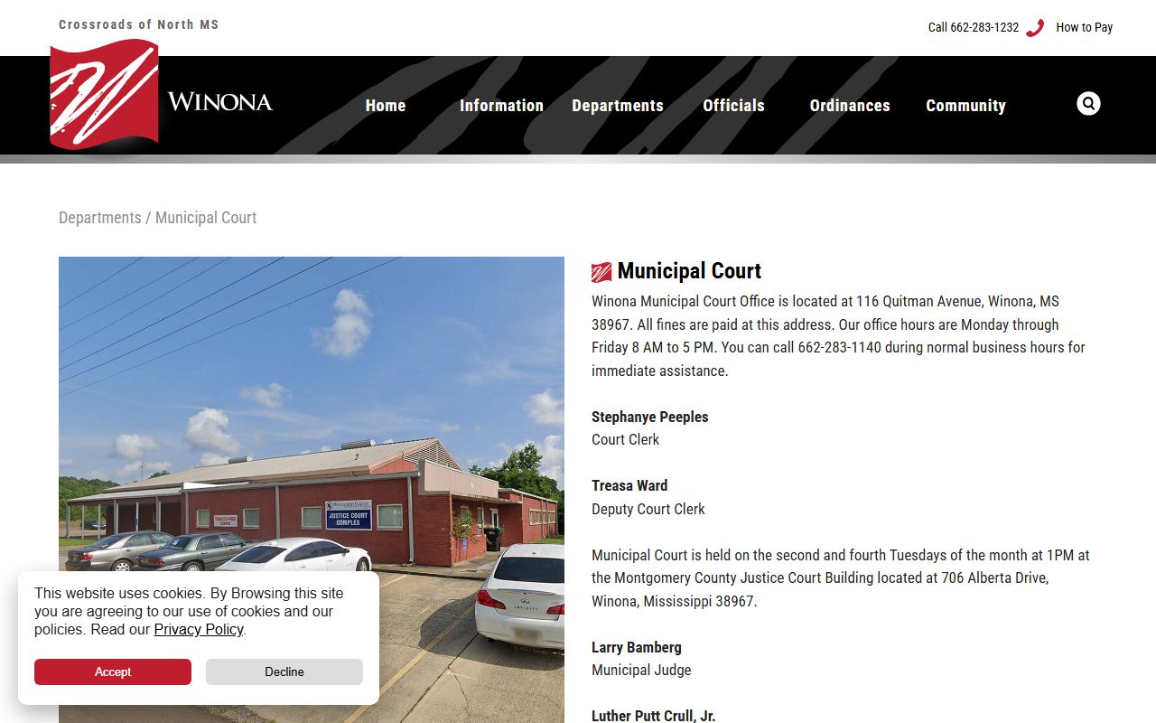 Montgomery County area Winona Municipal Court office and schedule for court records