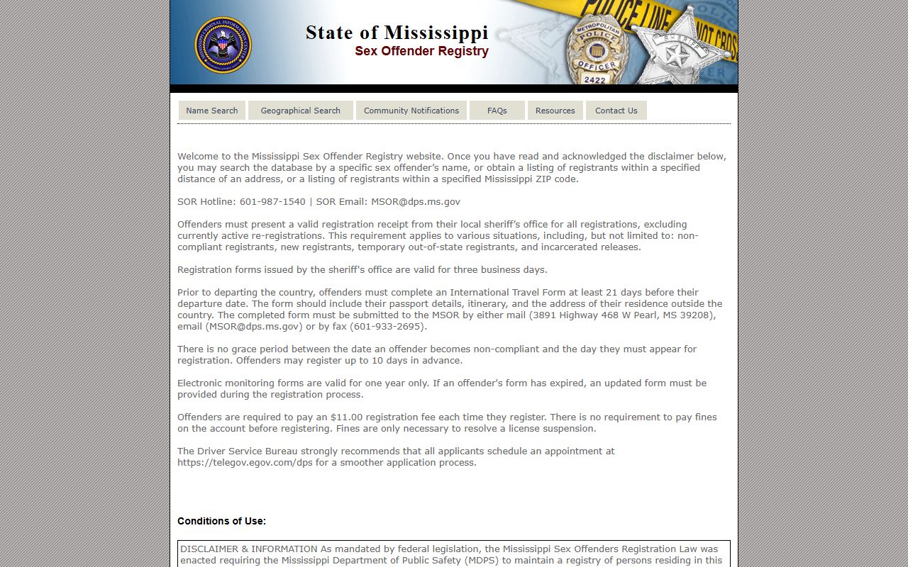 Montgomery County residents accept Mississippi DPS sex-offender registry terms before searching court-related records