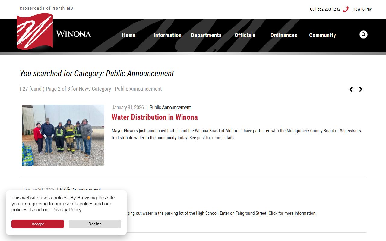 Winona public announcement archive used to check Montgomery County warrant and court schedule changes